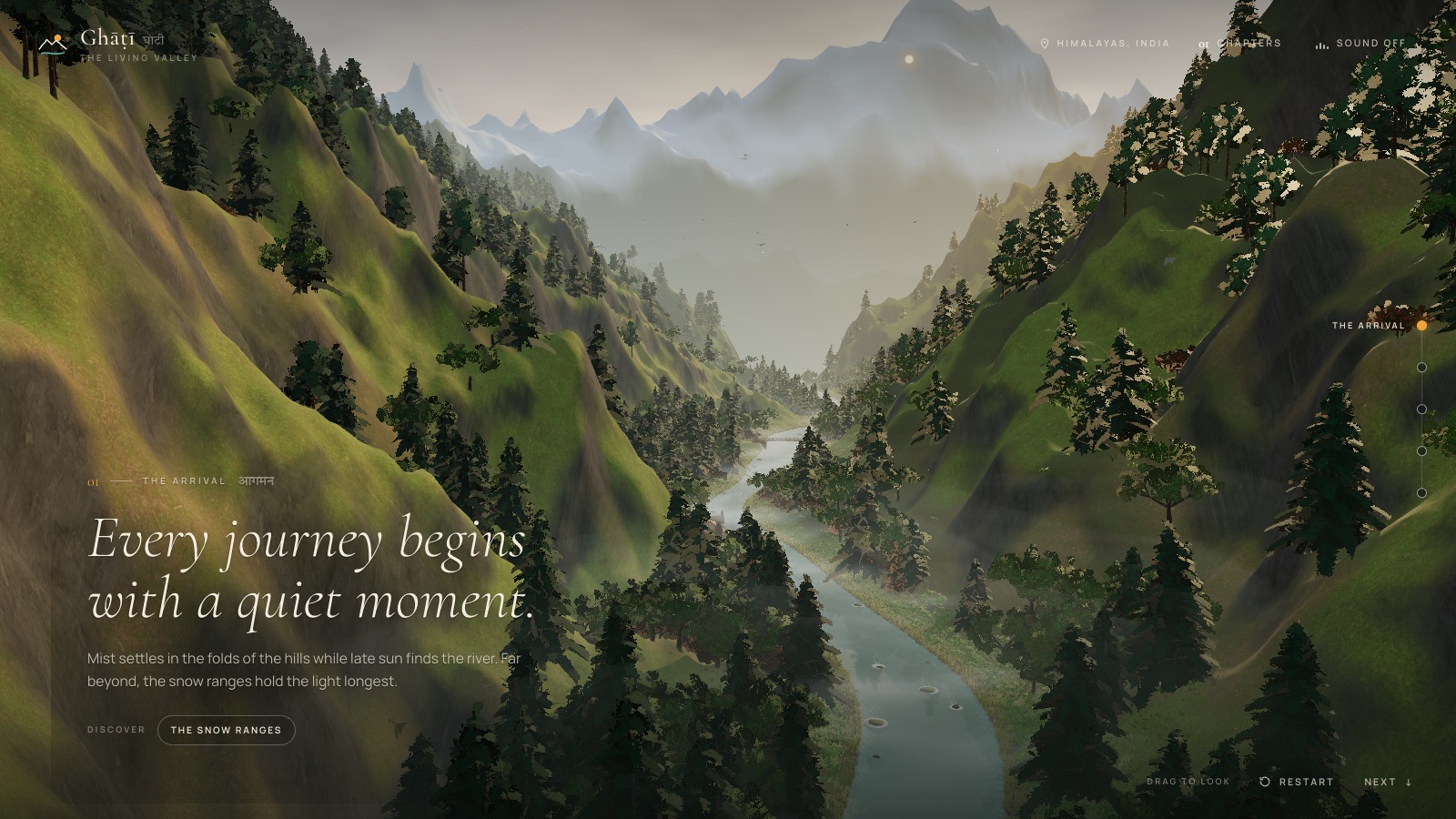 Chapter 01, The Arrival: mist over the upper valley