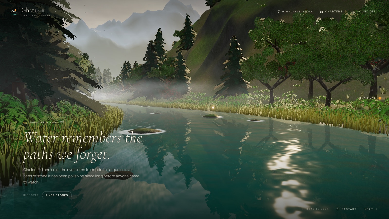 Chapter 02, The River: a glacier-fed river over rounded stones