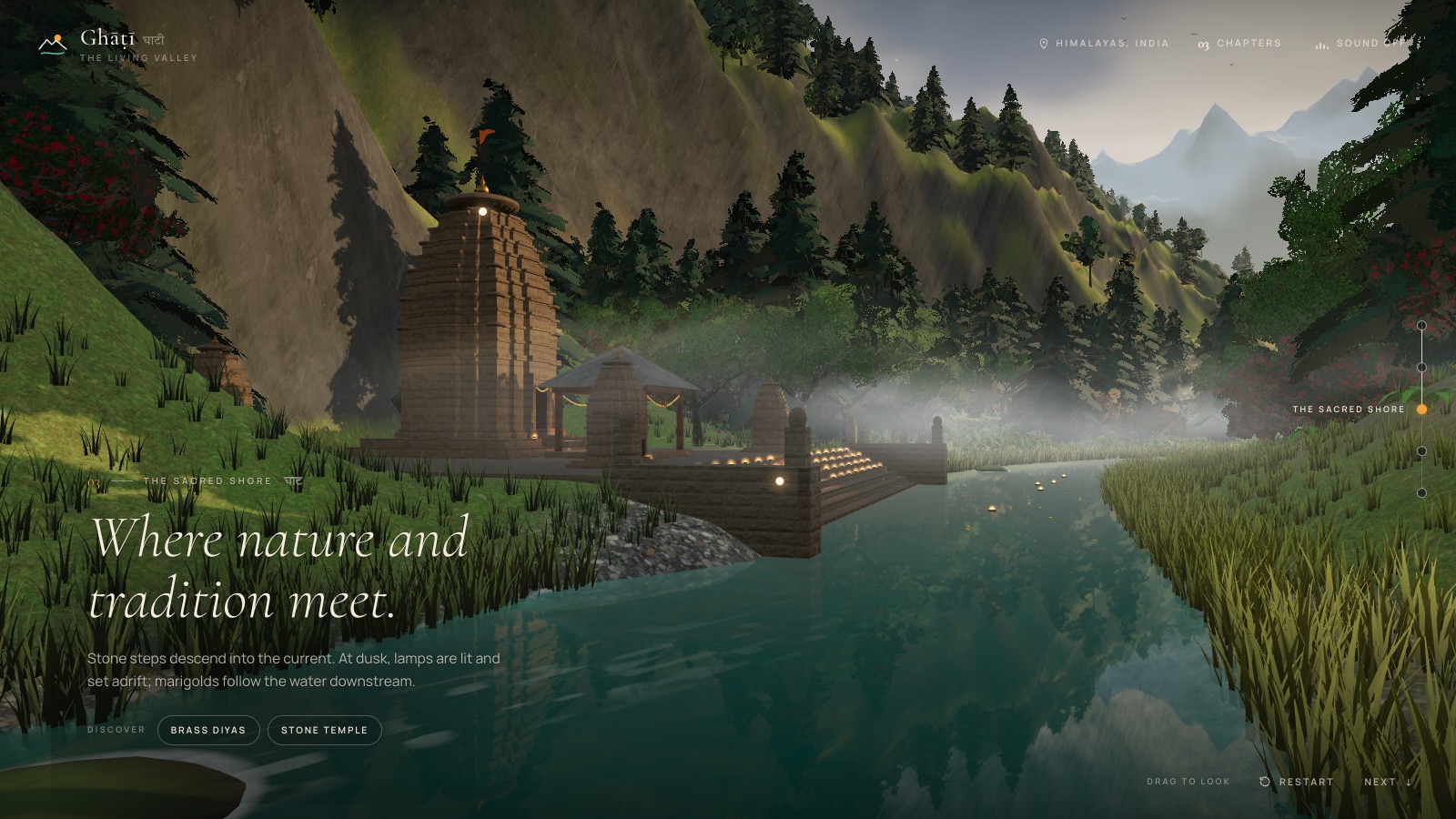 Chapter 03, The Sacred Shore: a Nagara stone temple and ghat with diyas