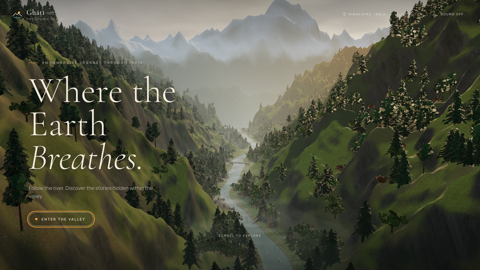 Ghāṭī intro screen: a Himalayan river valley with the headline Where the Earth Breathes
