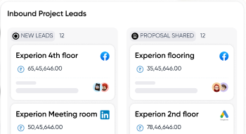 Gilroy in the RDash web app: an Inbound Project Leads board with cards titled Experion 4th floor and Experion flooring, with rupee amounts