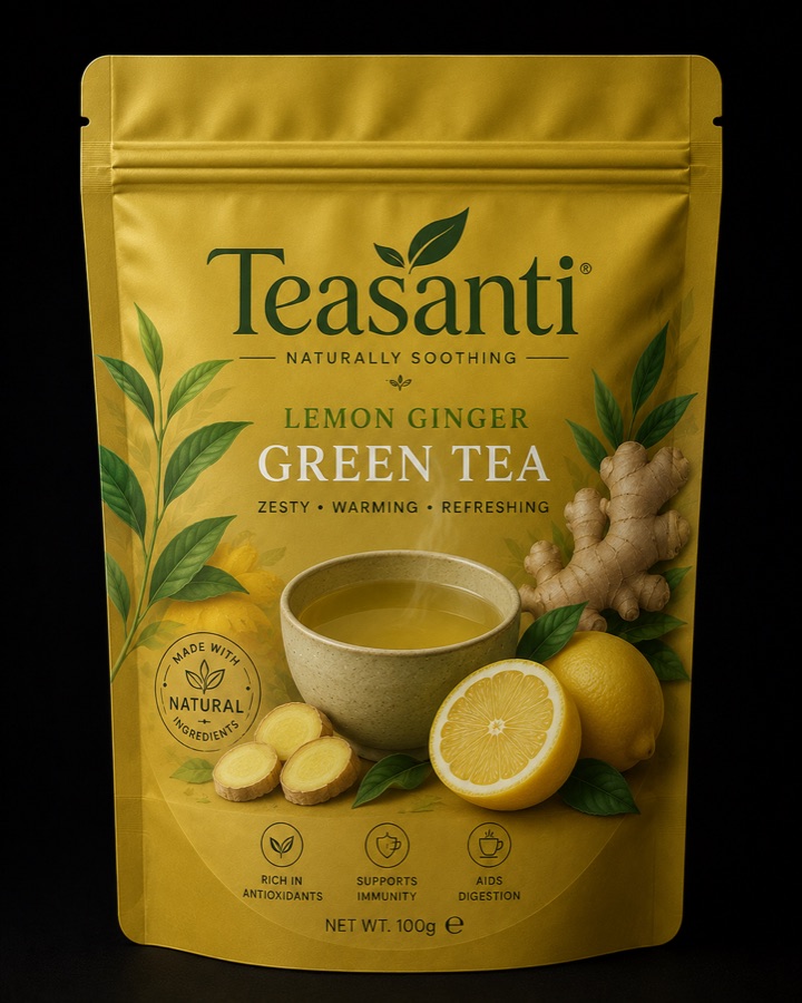 Teasanti Lemon Ginger Green Tea packaging