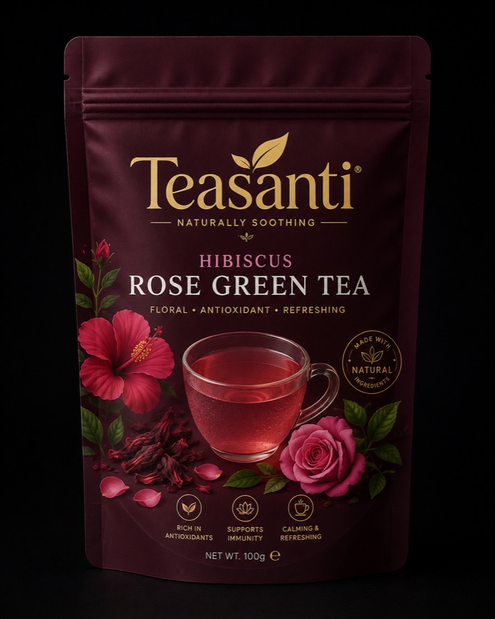 Teasanti Hibiscus Rose Green Tea packaging
