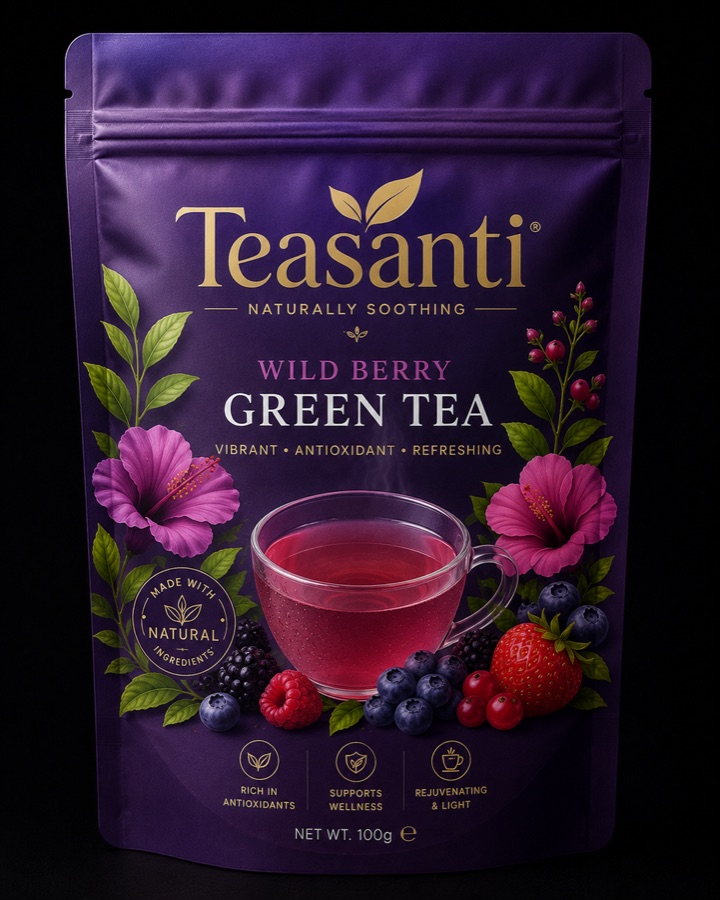 Teasanti Wild Berry Green Tea packaging
