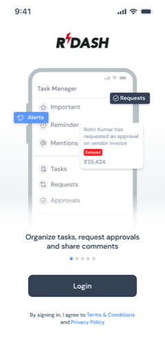 RDash mobile onboarding screen: Organize tasks, request approvals and share comments